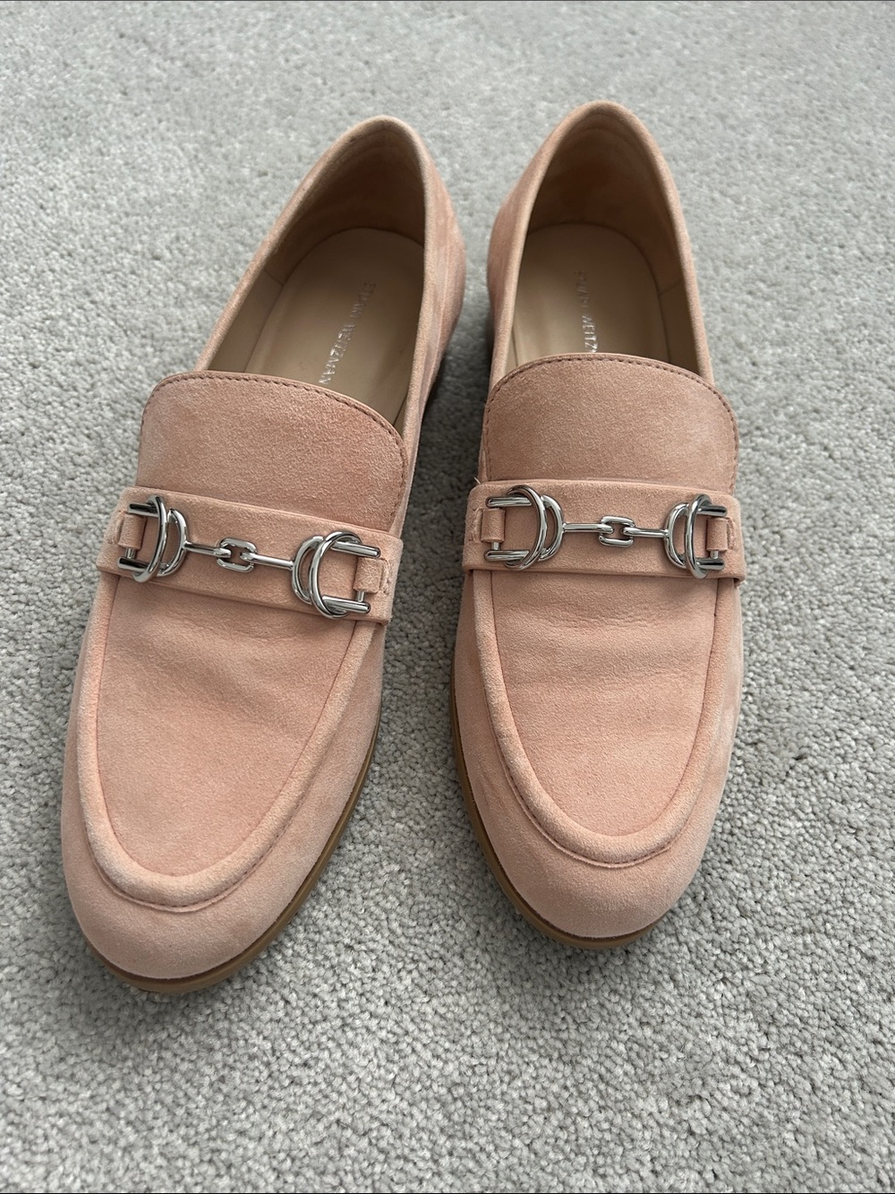 Stuart Weitzman Blush Suede Loafers with Silver Bit